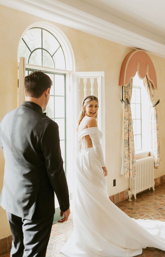 bride and groom first look as captured by a documentary style central florida wedding photographer