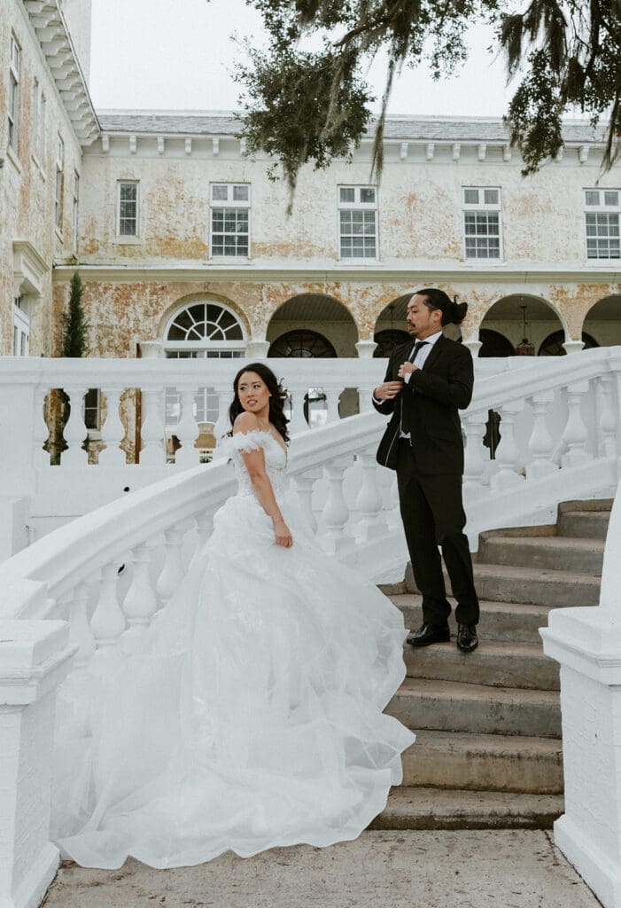 bride and groom on the stairs