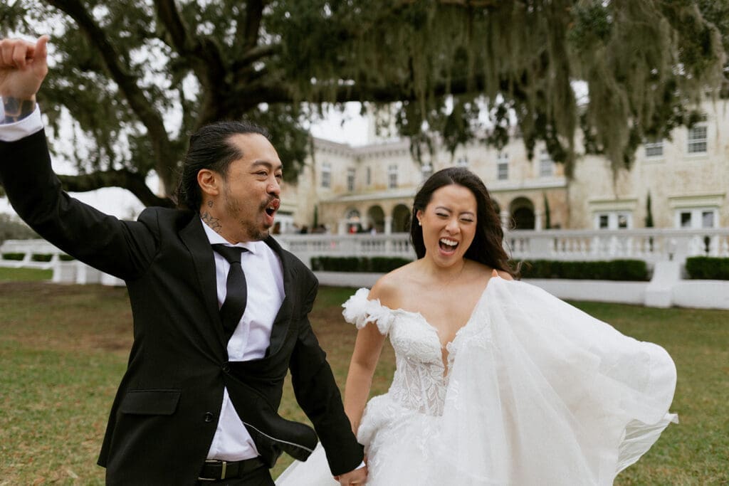 bride and groom in front of the bella cosa wedding venue