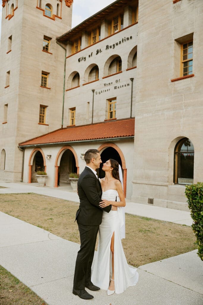 romantic st augustine elopement in front of european inspired architecture