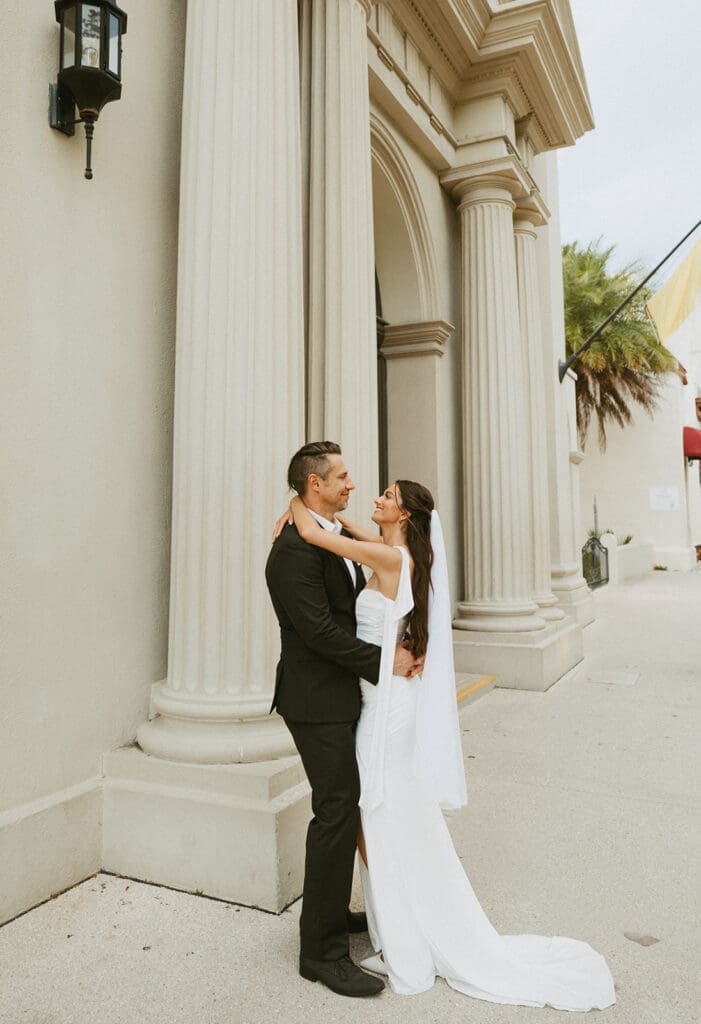 romantic bride and groom moments downtown in st augustine florida