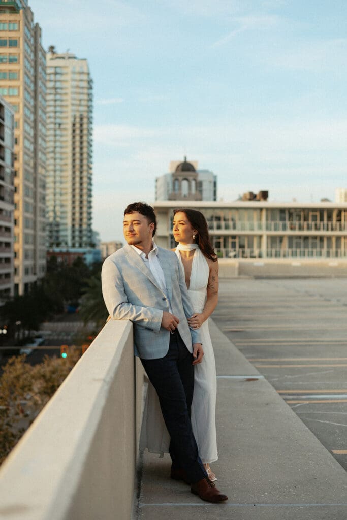 elegant couple on a garage rooftop in st pete florida